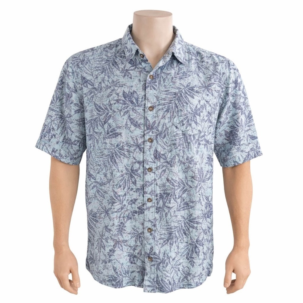 Royal Robbins Hawaiian Shirt Small Leaf Fronds Relaxed Fit Blue Gray